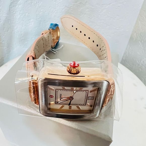 MICHELE Deco Sport Watch Head & Pink Gold Leather Strap Watch, 34mm, NEW IN BOX - Picture 11 of 16